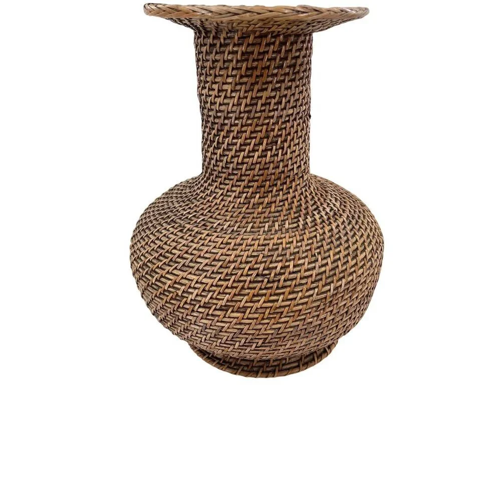 Handwoven Wicker Vase Decorative Accent Piece With Textured Weave & Wide Rim Des